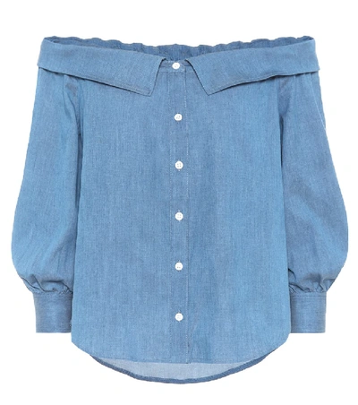 Veronica Beard Britta Off-the-shoulder Button-front Chambray Top In Blue