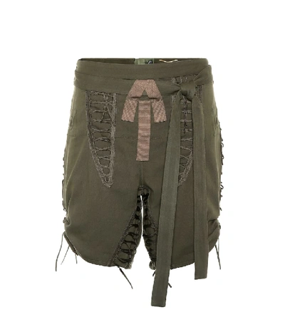 Saint Laurent Mid-thigh Drawstring-sides Cotton-linen Shorts W/ Lacing In Khaki
