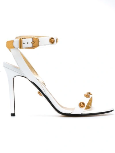 Versace Embellished Leather Sandals In White