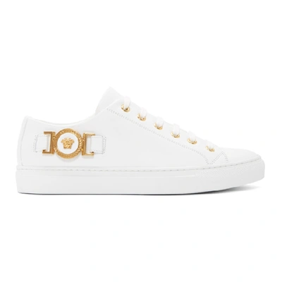 Versace Medusa Calf Leather Low-top Sneakers In Bianco Ottico Orobianco