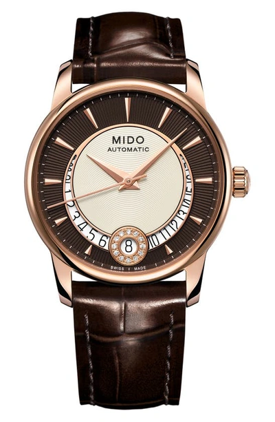 Mido Baroncelli Automatic Diamond Leather Strap Watch, 33mm In Beige / Brown / Gold / Gold Tone / Rose / Rose Gold / Rose Gold Tone