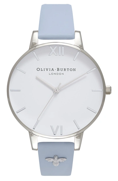 Olivia Burton 3d Bee Leather Strap Watch, 38mm In Chalk Blue/ White/ Silver