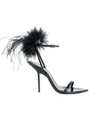 Saint Laurent Patent Inez Feather Embellished Sandals 105 In Black