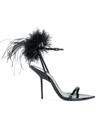 Saint Laurent Patent Inez Feather Embellished Sandals 105 In Black