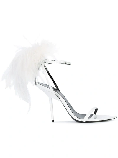 Saint Laurent Inez Feather-trimmed Leather Sandals In White