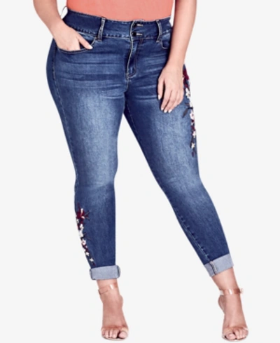 City Chic Trendy Plus Size Embroidered Cuffed Jeans In Mid Denim