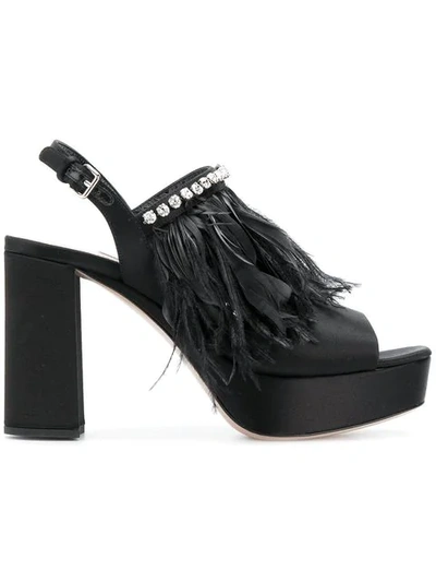 Miu Miu Feather-trimmed Sandals In Black