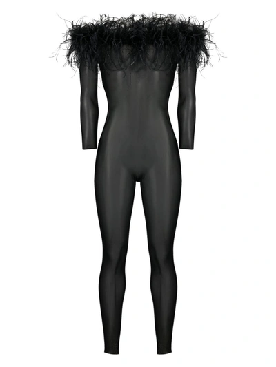 Oseree Feather-trim Stretch-jumpsuit In Black