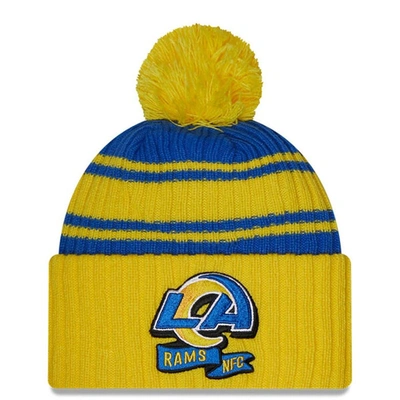 New Era Blue/gold Los Angeles Rams 2022 Sideline Cuffed Pom Knit Hat