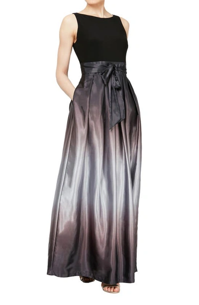 Sl Fashions Long Ombre Satin Dress In Black,silver