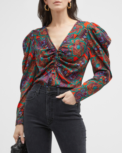 Veronica Beard Simmons Printed Ruched Blouse In Multi