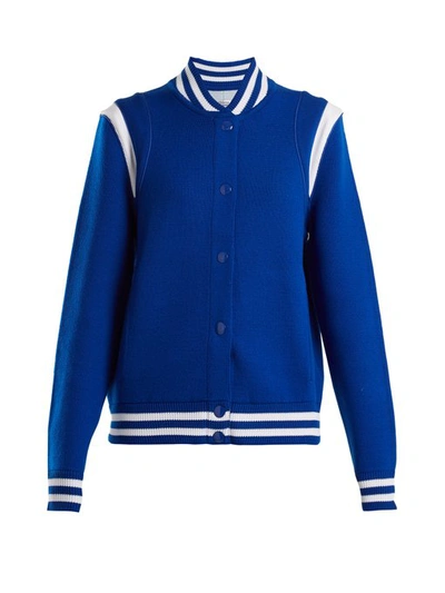 Givenchy Logo Embroidered Wool Knit Bomber Jacket In Blue