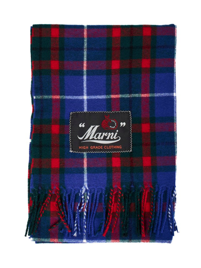 Marni Check-pattern Knitted Scarf In Mazarine Blue