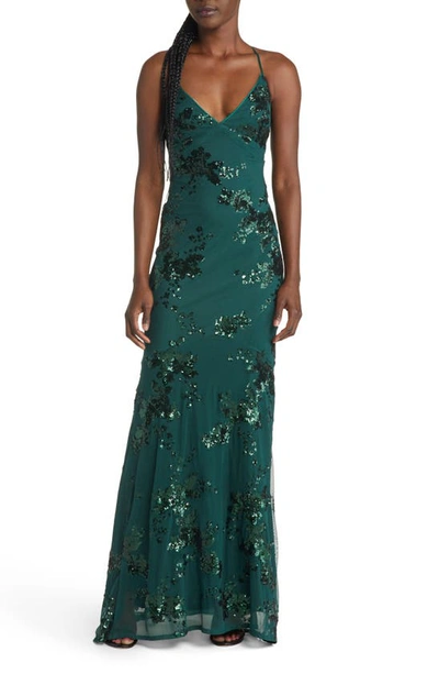 Lulus Valhalla Sequin Lace-up Back Gown In Forest Green