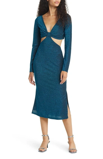 Lulus Sparks Of Love Cutout Metallic Long Sleeve Midi Cocktail Dress In Metallic Blue