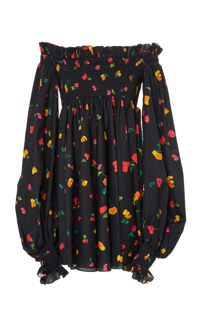 Caroline Constas Kora Floral-print Off-the-shoulder Cotton-poplin Dress In Black