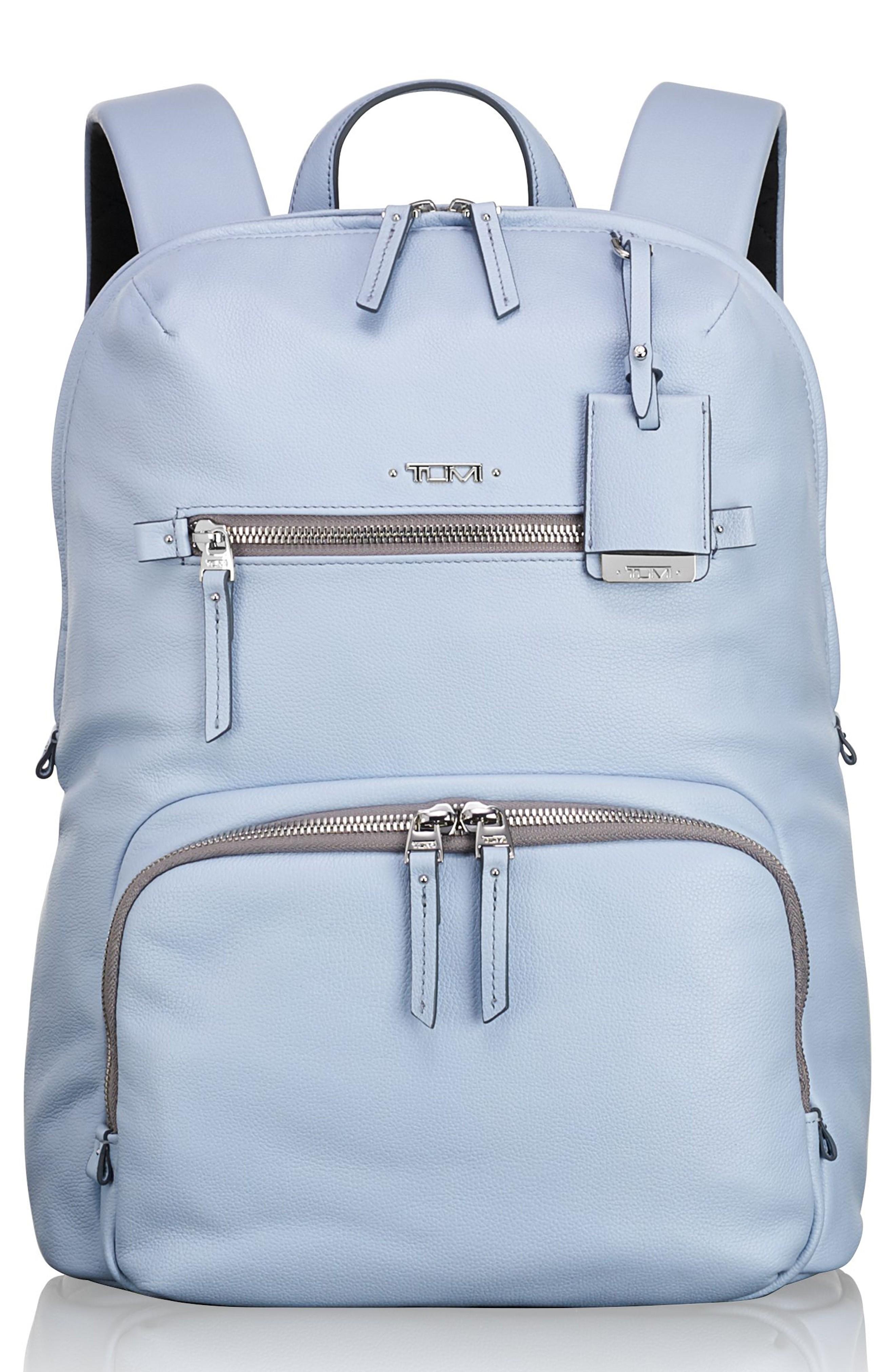 tumi blue leather backpack