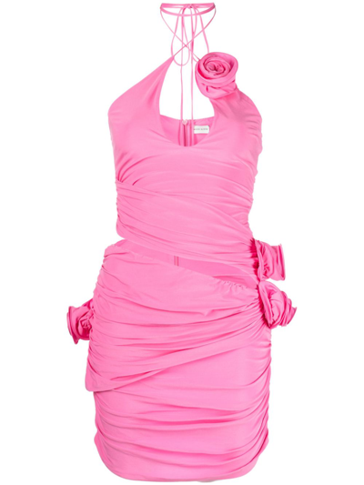 Magda Butrym Floral-appliqué Ruched Halterneck Minidress In Pink