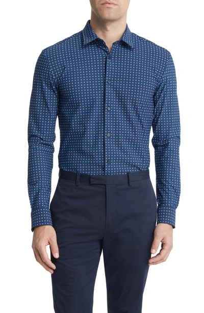 Hugo Boss Roan Slim Fit Geo Stretch Nylon Button-up Shirt In Dark Blue