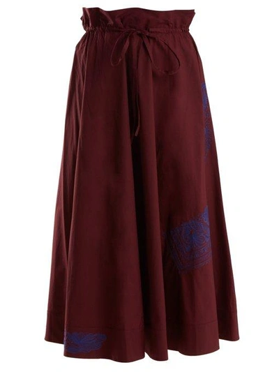Acne Studios Embroidered Paperbag-waist Cotton Midi Skirt In Red Wine