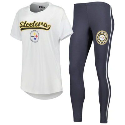 Concepts Sport Women's  White, Charcoal Pittsburgh Steelers Sonata T-shirt And Leggings Sleep Set In White,charcoal