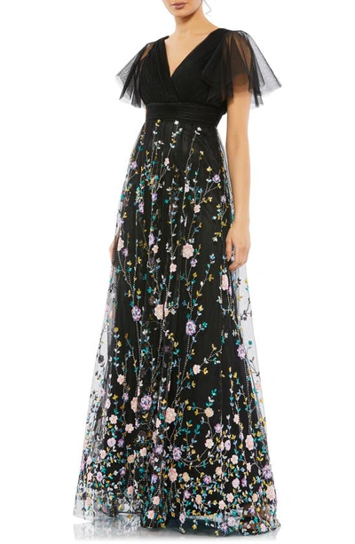 Mac Duggal Sequin Embroidery Tulle A-line Gown In Black Multi