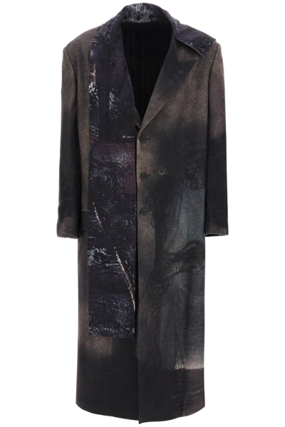 Yohji Yamamoto Printed Coat With Stole In Grey,beige