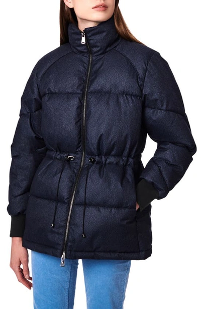 Bernardo Cinched Waist Herringbone Heavyweight Puffer Jacket In Navy