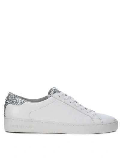 Michael Kors Irving White Leather Sneaker With Silver Glitter Details