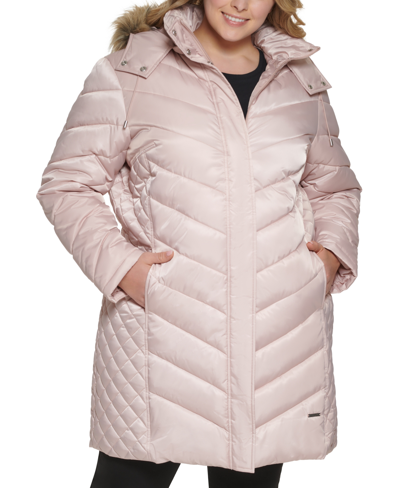 Kenneth Cole Women's Plus Size Faux-fur-trim Hooded Puffer Coat, Created For Macy's In Rose Dust