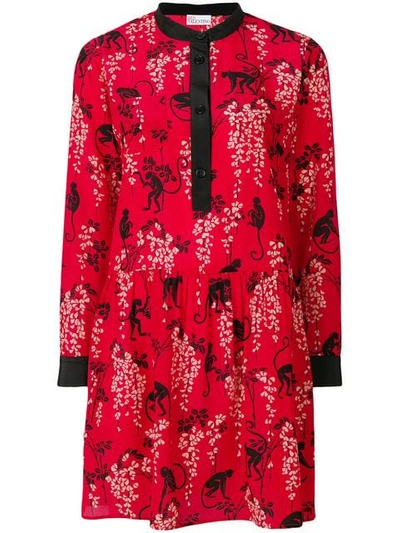 Red Valentino Monkey Print Long-sleeve Dress In Fuoco