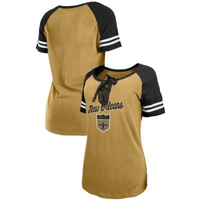 New Era Women's  Gold, Black New Orleans Saints Legacy Lace-up Raglan T-shirt In Gold,black