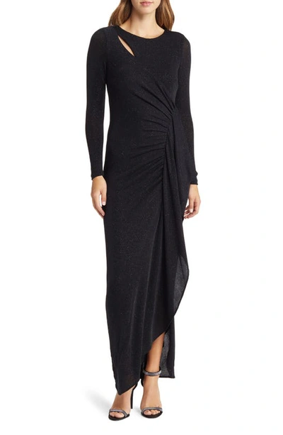 Xscape Ruched Metallic Long Sleeve Gown In Black