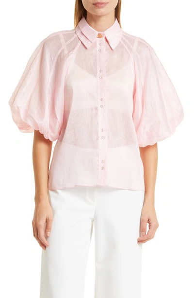 Aje Palms Puff Sleeve Linen & Silk Blouse In Rose Pink