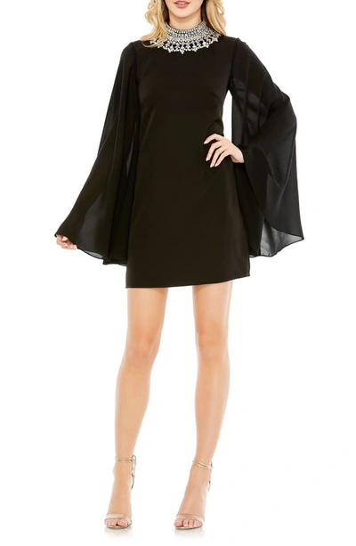 Ieena For Mac Duggal Rhinestone Collar Flowy Sleeve Mini Dress In Black