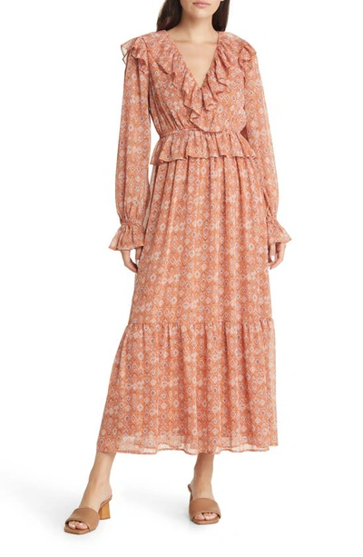 Moon River Print Ruffle Long Sleeve Tiered Maxi Dress In Rust Multi