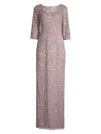 Aidan Mattox Embellished Three-quarter-sleeve Gown In Rose Gold