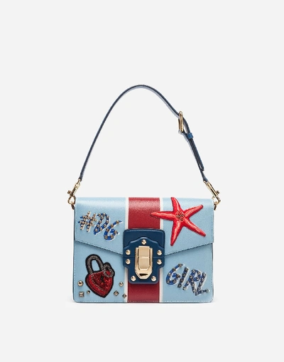 Dolce & Gabbana Lucia Shoulder Bag In Printed Calfskin With Embroidery In Azure