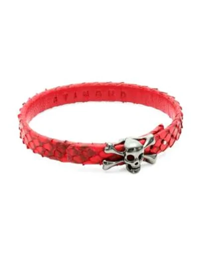 Stinghd Platinum Skull And Crossbones Leather Bracelet In Red