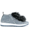 Jimmy Choo Norway Dusk Blue Knit And Steel Mix Lurex Trainers With Fur Pom Poms