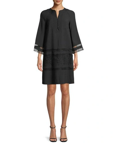 Chloé Bell-sleeve Light-cady Dress With Lace Insets In Black