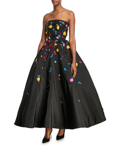 Oscar De La Renta Strapless Splatter-embroidered Faille Gown In Black Pattern