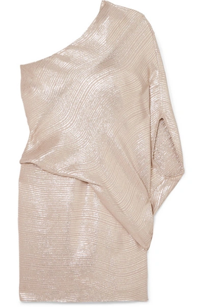 Halston Heritage One-shoulder Metallic Jacquard Mini Dress In Metallic Champagne