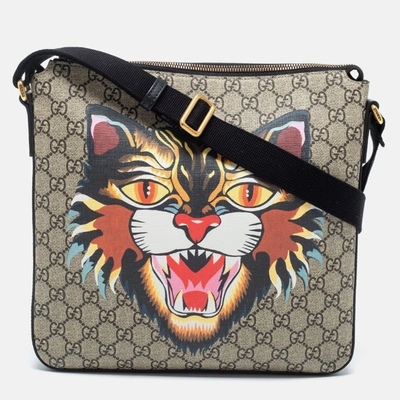 Meal Consent Expressly Pre-owned Gucci Beige/black Gg Supreme Canvas And Leather Angry Cat Print  Flat Messenger Bag | ModeSens