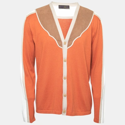 Pre-owned Etro Orange Color-block Faux-suede Panel Detail Knit Cardigan 2xl