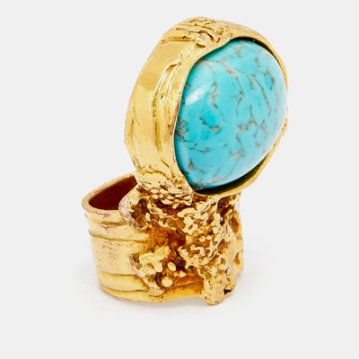 Pre-owned Saint Laurent Arty Turquoise Glass Cabochon Gold Tone Ring Size 52.5 In Blue
