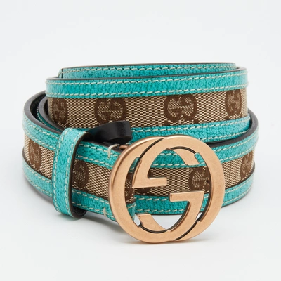 Pre-owned Gucci Beige/turquoise Blue Gg Canvas And Leather Interlocking G Buckle Belt 85 Cm
