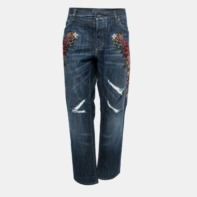 Pre-owned Dolce & Gabbana Blue Denim Embroidered 16 Classic Ripped Jeans 2xl Waist 38"