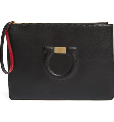 Ferragamo Gancio City Leather Wristlet Pouch Bag In Nero Black/gold