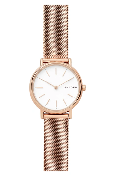 Skagen Women's Signatur Slim Rose Gold-tone Stainless Steel Mesh Bracelet Watch 30mm In White/rose Gold